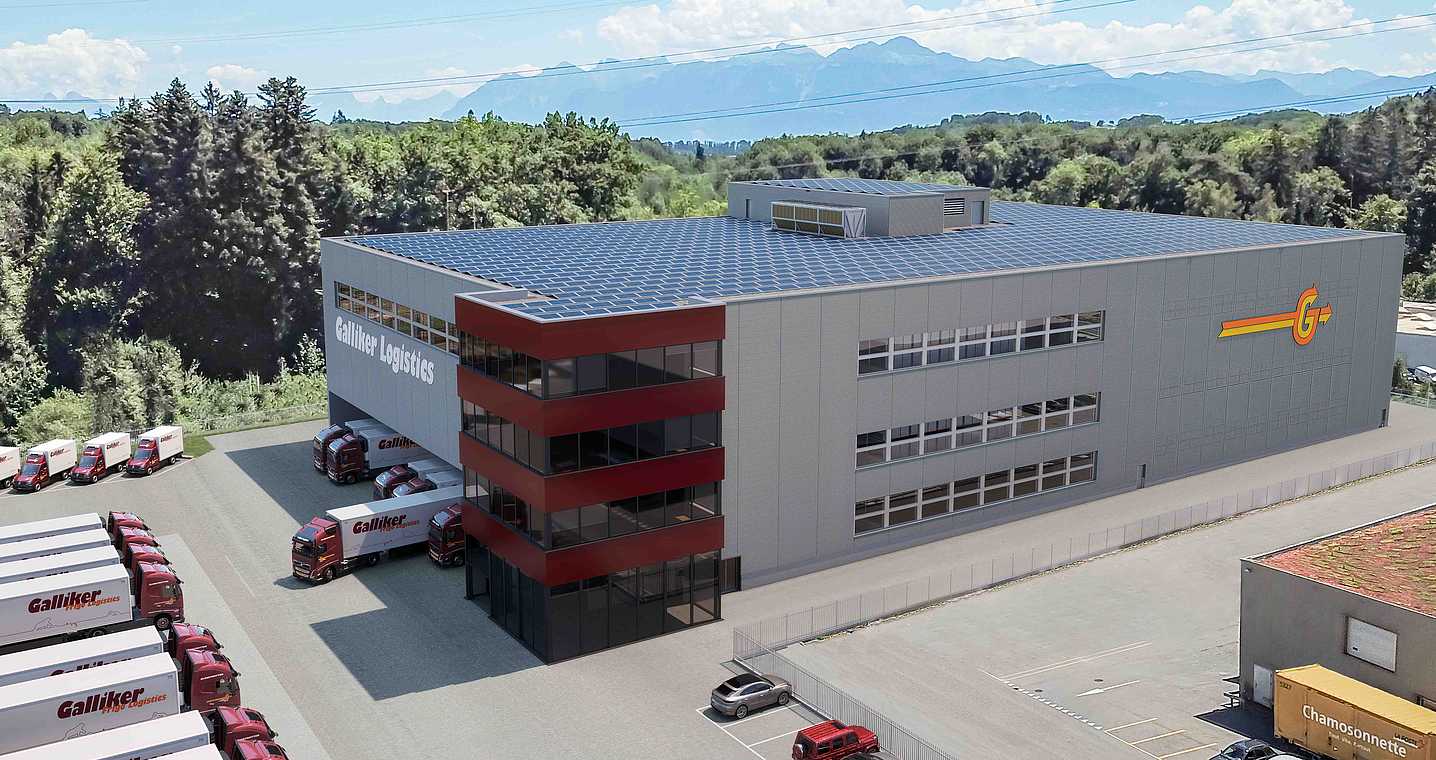 Visulisierung des Galliker-Neubaus in Aclens VD. Das zweite Logistikcenter an diesem Standort soll im Januar 2026 bezugsbereit sein.